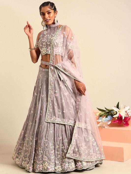 Mauve Pure Georgette Sequins with heavy Zarkan embroidery Semi-Stitched Lehenga choli & Dupatta
