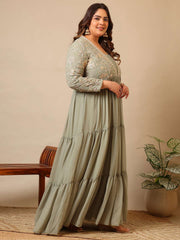 Embroidered V-Neck Fit & Flare Ethnic Dresses