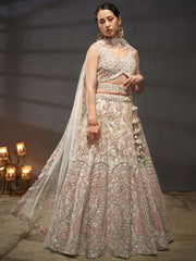 Cream Net Multi Sequins with heavy Zarkan embroidery Semi-Stitched Lehenga choli and Dupatta