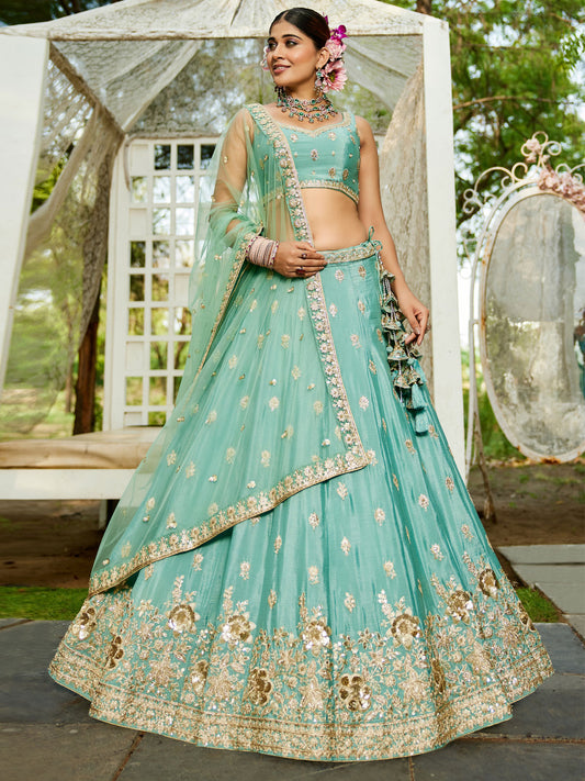 Sea Green colour Chinnon Sequinse embroidery Semi-Stitched Lehenga choli and Dupatta
