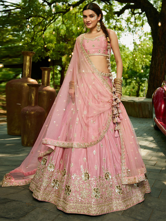 Pink colour Chinnon Sequinse embroidery Semi-Stitched Lehenga choli and Dupatta