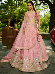 Pink colour Chinnon Sequinse embroidery Semi-Stitched Lehenga choli and Dupatta