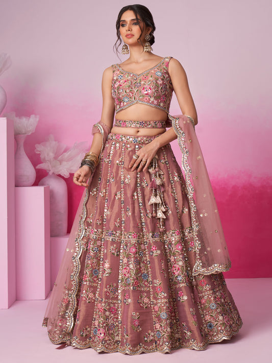 Rose gold Bridel Net Moti, Sequins embroidery Semi-Stitched Bridel Lehenga choli and Dupatta