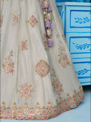Limegreen Tissue Sequinned and Zari Embroidered Semi Stitched Lehenga and Unstitched Blouse With Dupatta