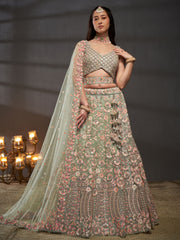 Sea green Net Multi Sequins with heavy Zarkan embroidery Semi-Stitched Lehenga choli & Dupatta