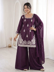 Purple Designer Roman Silk Embroiderd Palazzo Suit
