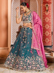 Teal Tissue Fabric Sequins embroidery Semi Stitched Lehenga & Unstitched Blouse With Dupatta