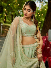 Lime Green colour Chinnon Sequinse embroidery Semi-Stitched Lehenga choli and Dupatta