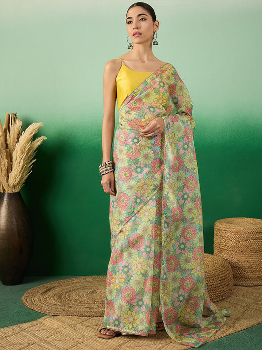 Yellow Floral Printed Saree With Blouse
