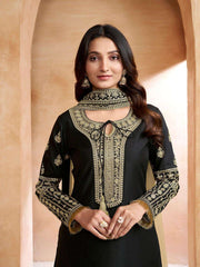 Black Ethnic Motifs Embroidered Thread Work Tie-Up Neck Kurta With Trousers & Dupatta