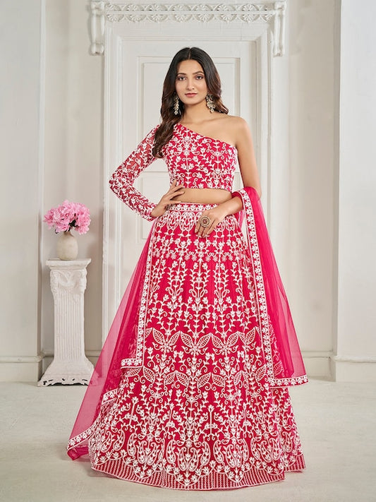 Pink Embroidered Net Semi-Stitched Lehenga & Unstitched Blouse With Dupatta