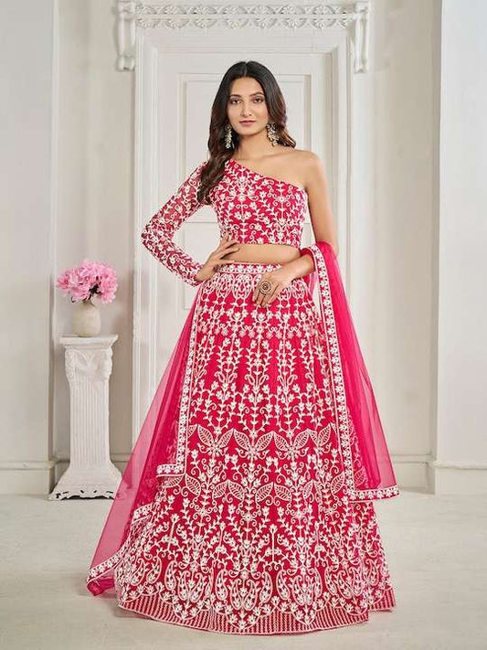 Pink Embroidered Net Semi-Stitched Lehenga & Unstitched Blouse With Dupatta