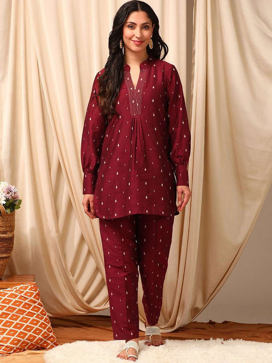 Maroon Woven Design Top With Trousers Co-Ords