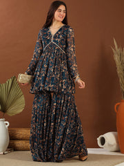 Navy Blue Floral Printed Pleated Gotta Patti Kurti With Sharara