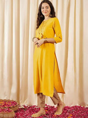Mustard Ethnic Motifs Yoke Design Thread Work Tie Up Silk Straight Kurta