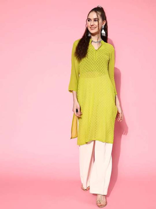 Women Geometric Embroidered Thread Work Georgette Kurta