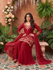Maroon All Over Beads Embroidery Palazzo Style Suit