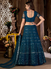 Teal Blue Net Sequins Embroidered Umbrella Lehenga Party Wear