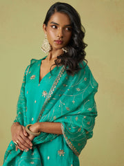 Blue Pure Shimmer Organza Embroidered Kurta Set with Pant and Dupatta