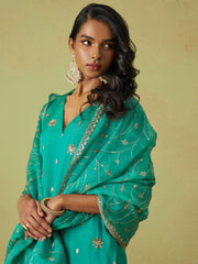 Blue Pure Shimmer Organza Embroidered Kurta Set with Pant and Dupatta
