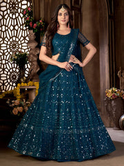Teal Blue Net Sequins Embroidered Umbrella Lehenga Party Wear