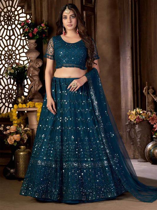 Teal Blue Net Sequins Embroidered Umbrella Lehenga Party Wear