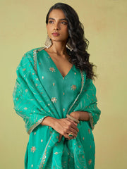 Blue Pure Shimmer Organza Embroidered Kurta Set with Pant and Dupatta