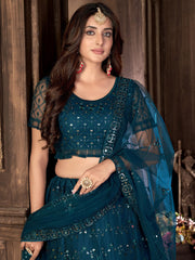 Teal Blue Net Sequins Embroidered Umbrella Lehenga Party Wear