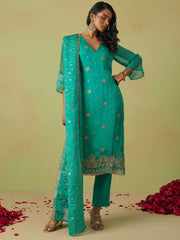 Blue Pure Shimmer Organza Embroidered Kurta Set with Pant and Dupatta