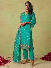 Blue Pure Shimmer Organza Embroidered Kurta Set with Pant and Dupatta