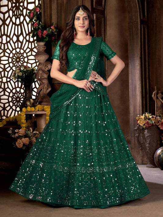 Green Net Embroidered Trendy Lehenga Choli