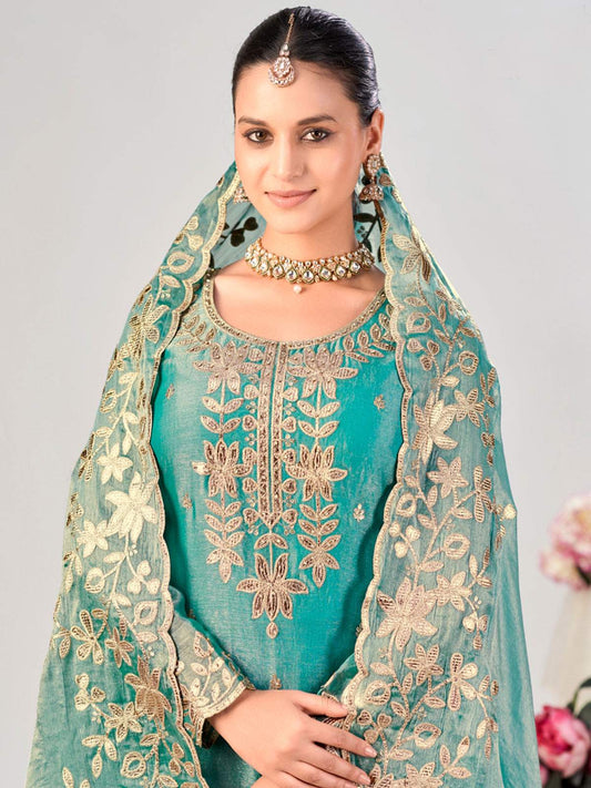 Turquoise Premium Fendy Silk Festive Palazzo Suit
