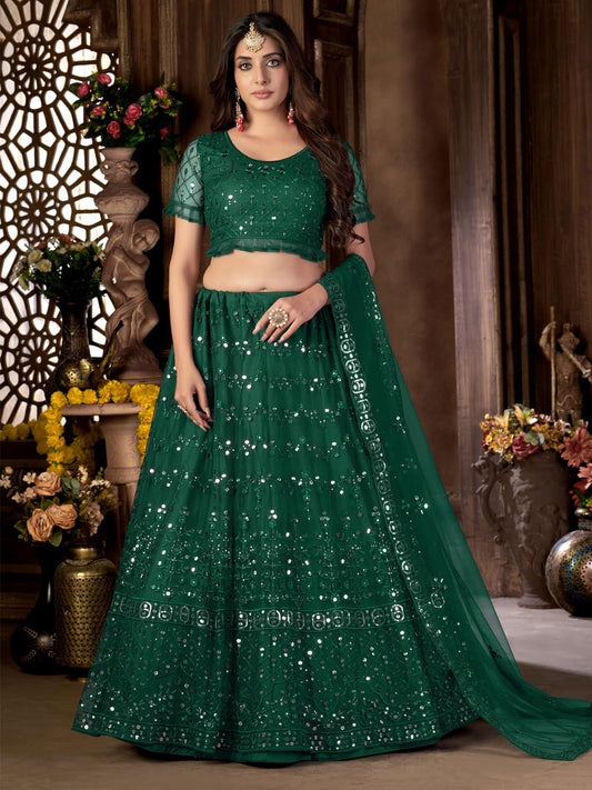 Green Net Embroidered Trendy Lehenga Choli