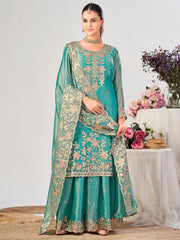 Turquoise Premium Fendy Silk Festive Palazzo Suit