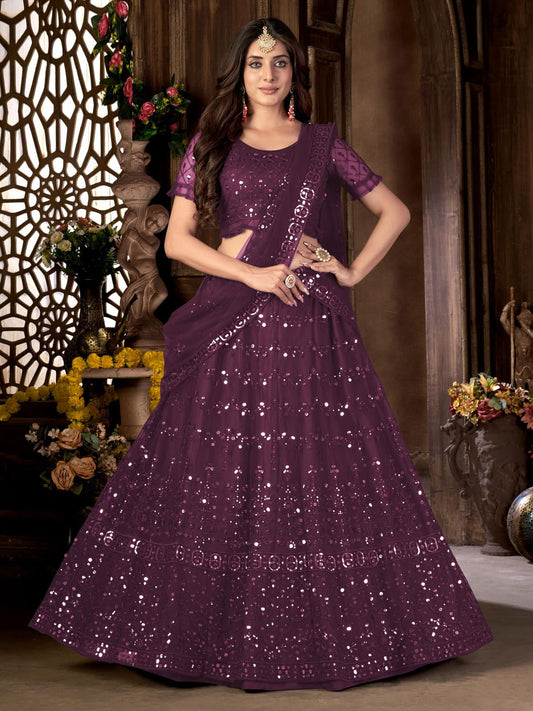 Purple Net Embroidered Lehenga Choli