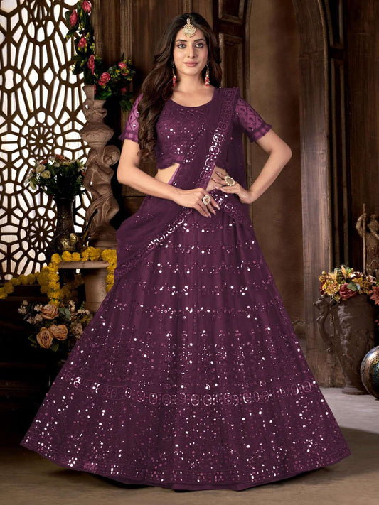 Purple Net Embroidered Lehenga Choli