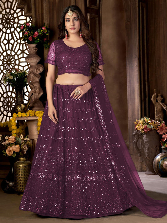 Purple Net Embroidered Lehenga Choli