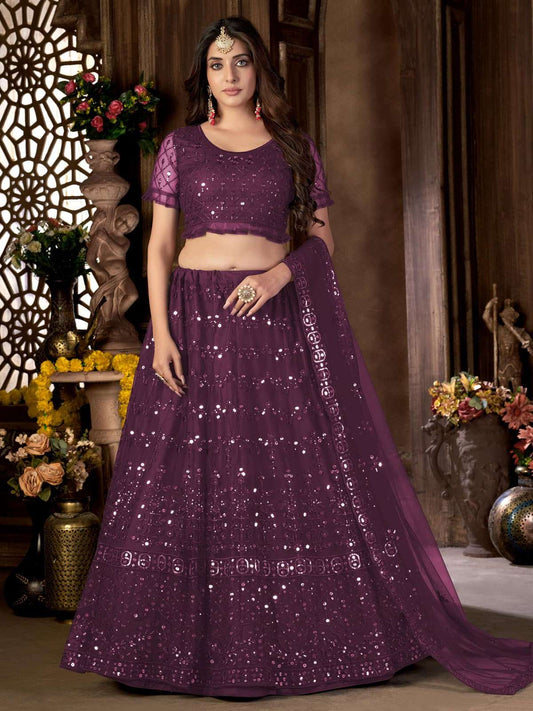 Purple Net Embroidered Lehenga Choli