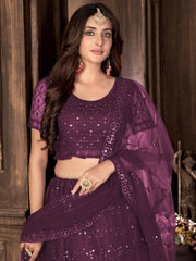 Purple Net Embroidered Lehenga Choli