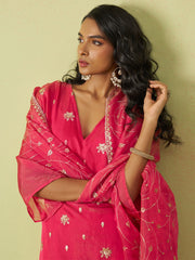 Hot Pink Pure Shimmer Organza Embroidered Kurta Set with Pant and Dupatta