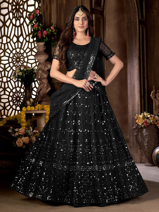 Black Net Embroidered A - Line Lehenga