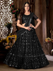 Black Net Embroidered A - Line Lehenga