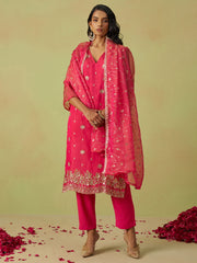Hot Pink Pure Shimmer Organza Embroidered Kurta Set with Pant and Dupatta