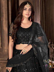 Black Net Embroidered A - Line Lehenga
