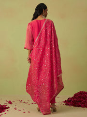 Hot Pink Pure Shimmer Organza Embroidered Kurta Set with Pant and Dupatta