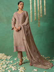 Brown Organza Embroidered Kurta Set