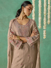 Brown Organza Embroidered Kurta Set
