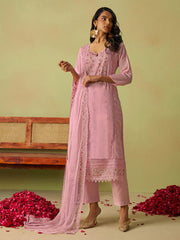 Attractive Pink Thread Work Organza Festival Wear Pant Suit