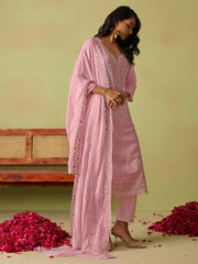 Attractive Pink Thread Work Organza Festival Wear Pant Suit