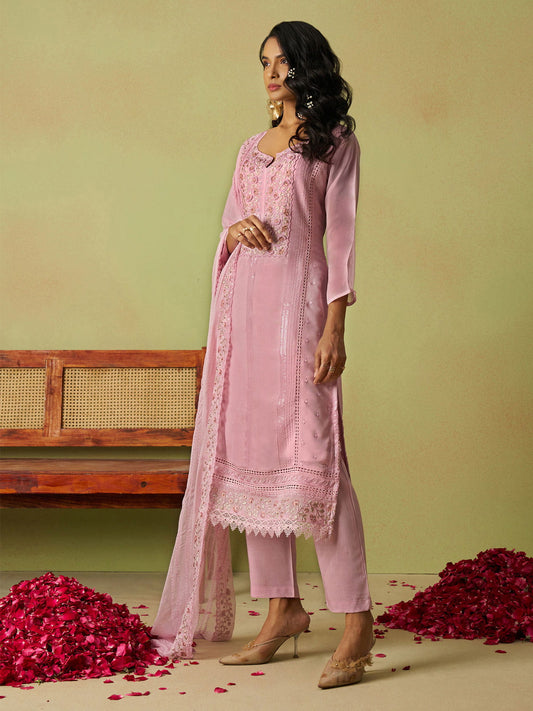 Attractive Pink Thread Work Organza Festival Wear Pant Suit